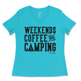 Weekends, Coffee, & Camping  Ladies V-Neck T-Shirt