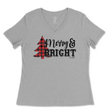 Merry and Bright Buffalo Plaid Tree Ladies V-Neck T-Shirt