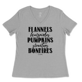 Flannels, Hayrides, Pumpkins, Sweaters, Bonfires Fall Ladies V-Neck T-Shirt