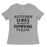 Autumn Leaves and Pumpkin Please Fall Ladies V-Neck T-Shirt