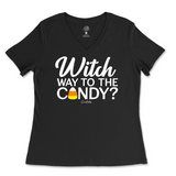 Witch Way to the Candy Halloween Ladies V-Neck T-Shirt