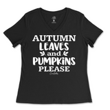 Autumn Leaves and Pumpkin Please Fall Ladies V-Neck T-Shirt