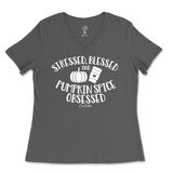 Stressed, Blessed, and Pumpkin Spice Obsessed Fall Ladies V-Neck T-Shirt