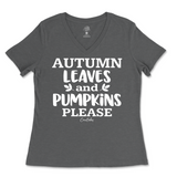 Autumn Leaves and Pumpkin Please Fall Ladies V-Neck T-Shirt