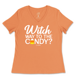 Witch Way to the Candy Halloween Ladies V-Neck T-Shirt