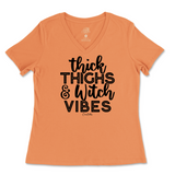 Thick Thighs and Witch Vibes Halloween Ladies V-Neck T-Shirt